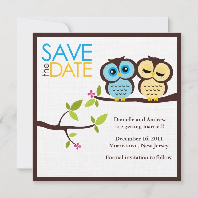 Hochzeit von Blauen und Gelben Owls Save The Date (Vorderseite)