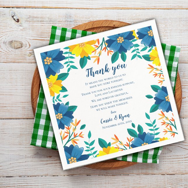 Hochzeit von Blauer und Gelber Blüte Dankeschön an Serviette (Blue and Yellow Floral Wedding Thank you Message Napkins)