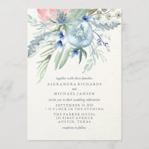 Hochzeit von Blue and Pink Peony Watercolor Einladung
