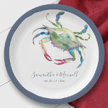 Hochzeit von Blue Crab Beach Pappteller<br><div class="desc">Diese Papiertafel wurde zur Koordination mit Do Tell A Belle's Coastal Crab Wedding Suite entworfen und ist mit einer Nachbildung meiner Aquarelltänzerin in blau gehalten. Personalisieren Sie mit Ihren Namen und Hochzeitstermin. Für weitere Anpassungen oder andere passende Artikel,  senden Sie mir bitte eine Nachricht. Ich helfe immer gerne.</div>