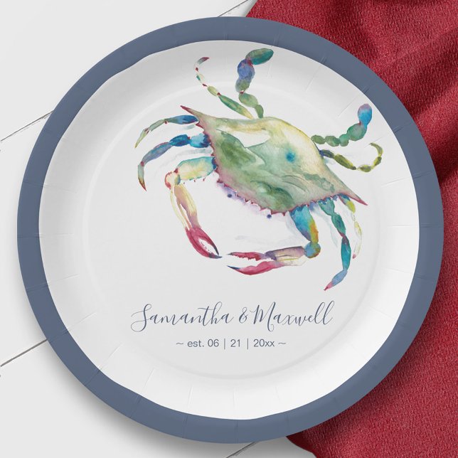 Hochzeit von Blue Crab Beach Pappteller (crab plates seafood boil crab feast supplies watercolor art by Victoria Grigaliunas)