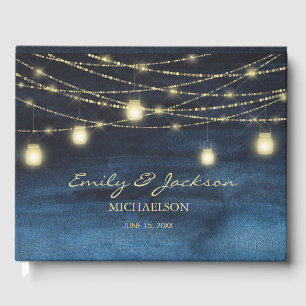 Hochzeit von Blue Gold Glitzer String Lights Gästebuch