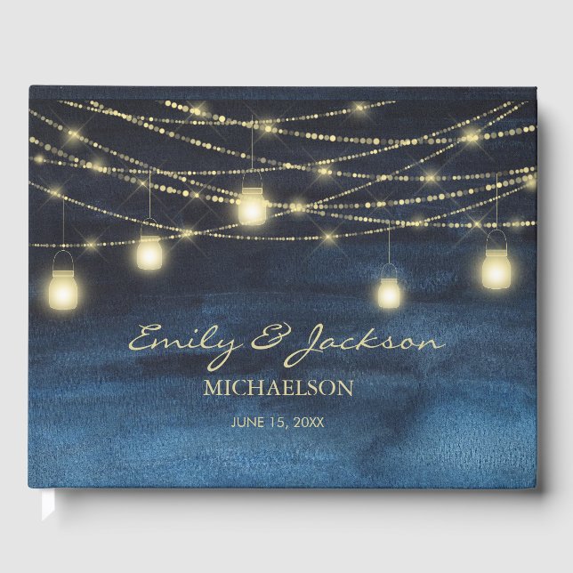 Hochzeit von Blue Gold Glitzer String Lights Gästebuch (Vorderseite)