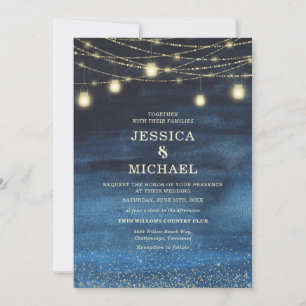 Hochzeit von Blue Gold String Lights Einladung