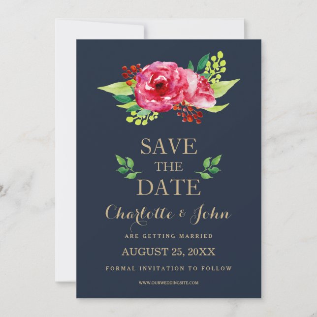 Hochzeit von Blume in Marine und Goldmedaille Save The Date (Vorderseite)