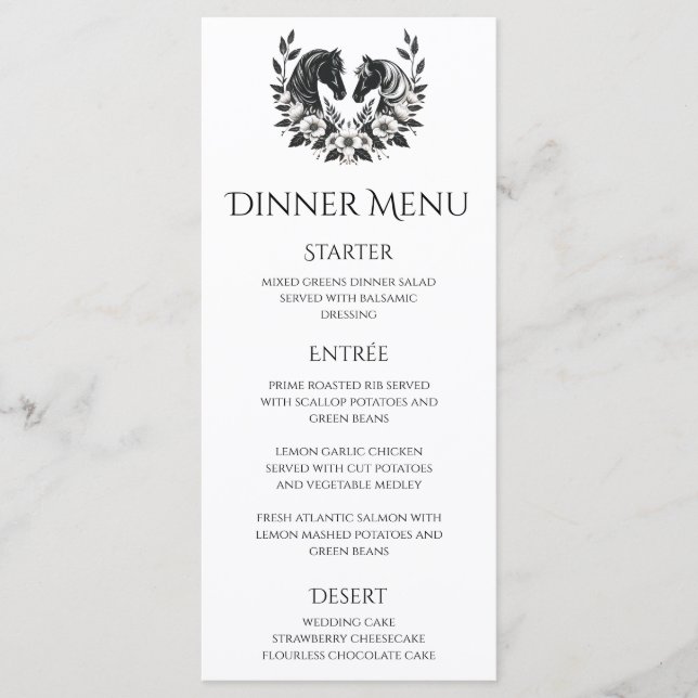 Hochzeit von Blume und Reitpferden Menükarte (Vorderseite)