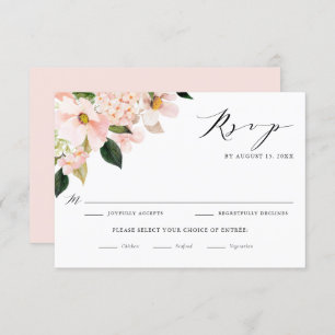Hochzeit von Blush Pink Magnolias und Hydrangeas RSVP Karte