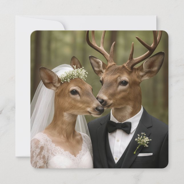Hochzeit von Bock und Reh im Wald Einladung (Vorderseite)