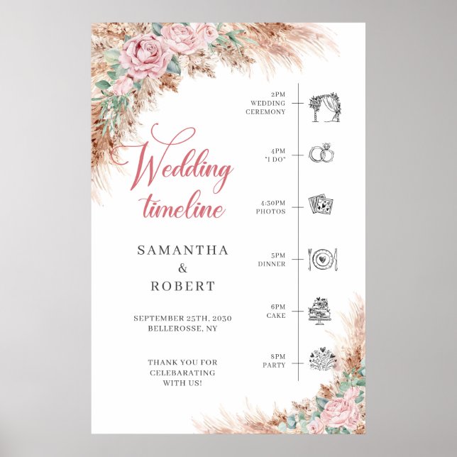 Hochzeit von Boho blush Rose und Pampas Gras Timel Poster (Vorne)