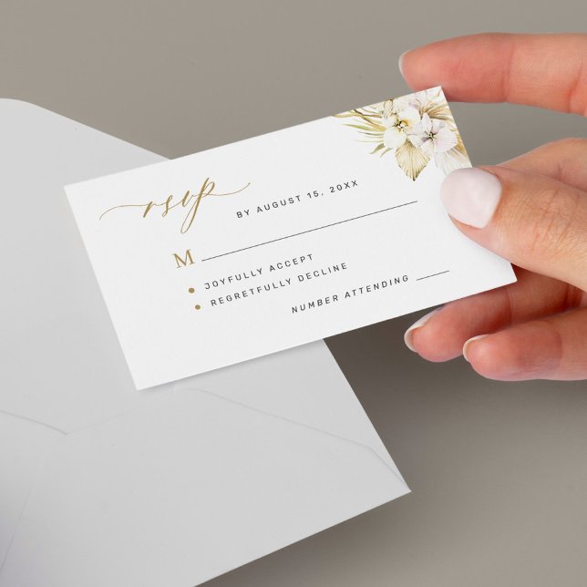 Hochzeit von Boho-Tropen-Orhid-Gold-Drehbuch Mitteilungskarte (Von Creator hochgeladen)