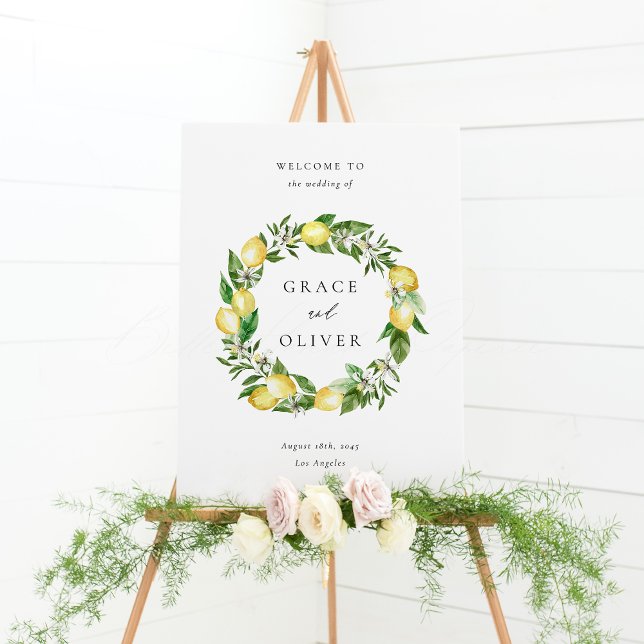 Hochzeit von Botanischem Zitronenbäumen und Grünkr Poster ( Customizable Wedding Welcome Sign with Watercolor Lemons, Blossoms & Greenery Wreath)