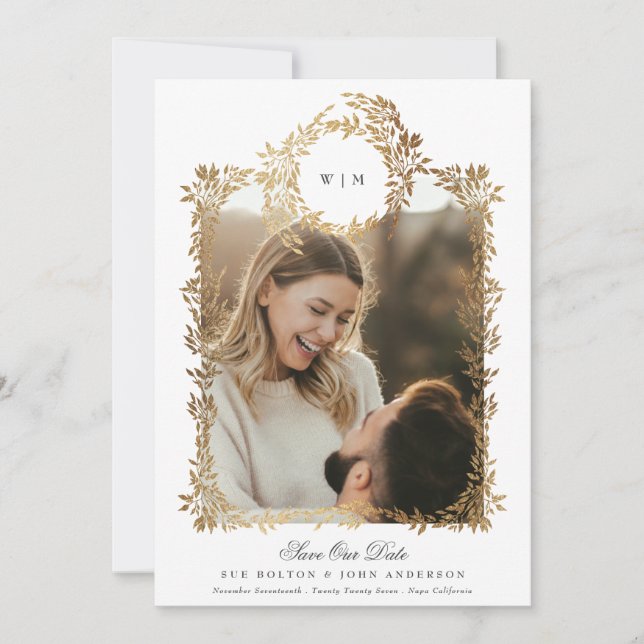 Hochzeit von botanischen Rahmen in Gold Save The Date (Vorderseite)