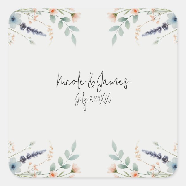 Hochzeit von Brautpavillon Wildblume Quadratischer Aufkleber (Vorderseite)