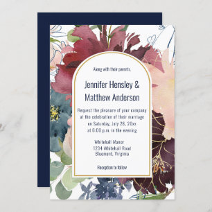 Hochzeit von Burgund, Marine, Rose und Goldflora   Einladung