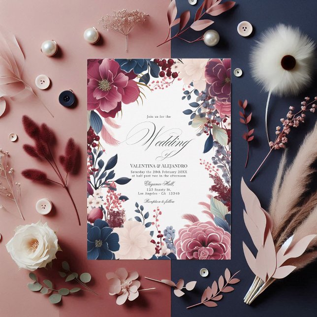 Hochzeit von Burgund, Marine und Blush Boho Einladung (Burgundy, Navy, and Blush Boho Floral Wine Wedding Invitation)