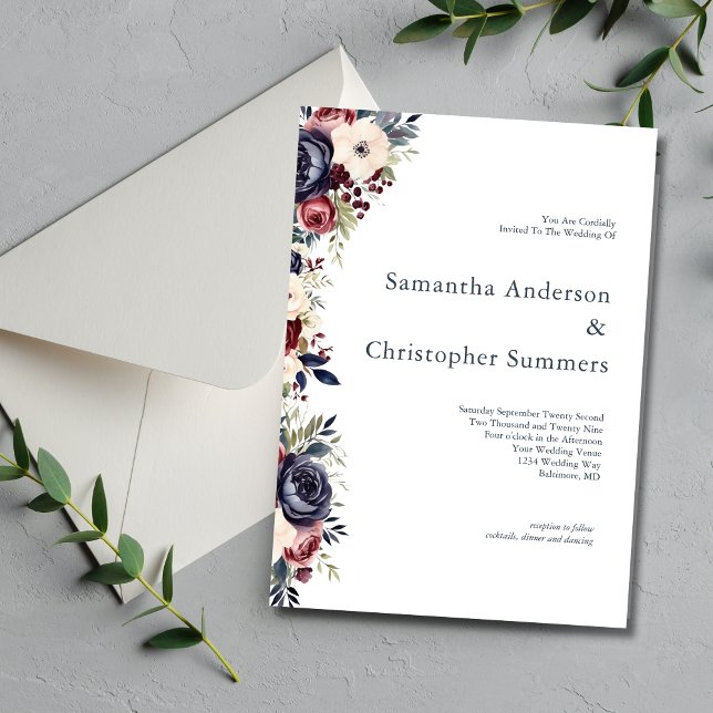 Hochzeit von Burgund-Marineblacht Einladung (Burgundy Navy Cream Watercolor Floral Elegant Modern Wedding Invitation)