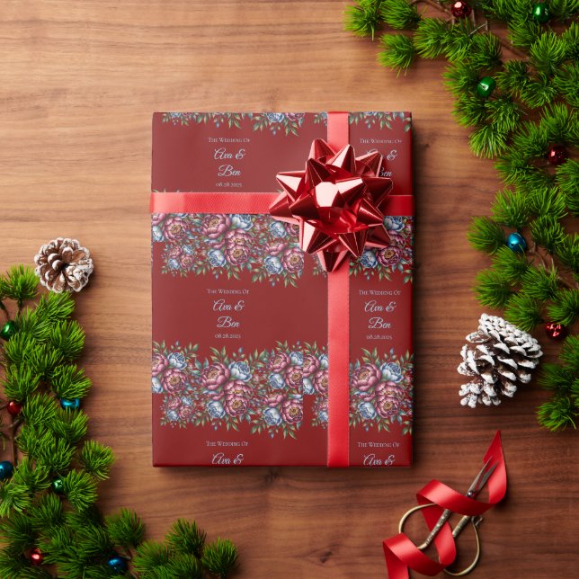 Hochzeit von Burgund Peony und Blue Rose Geschenkpapier (Feiertagsgeschenk)