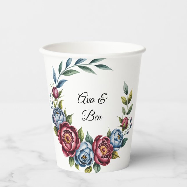 Hochzeit von Burgund Peony und Blue Rose Pappbecher (Vorderseite)