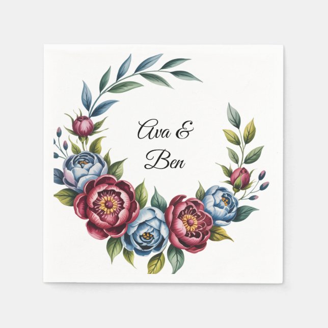 Hochzeit von Burgund Peony und Blue Rose Serviette (Vorderseite)