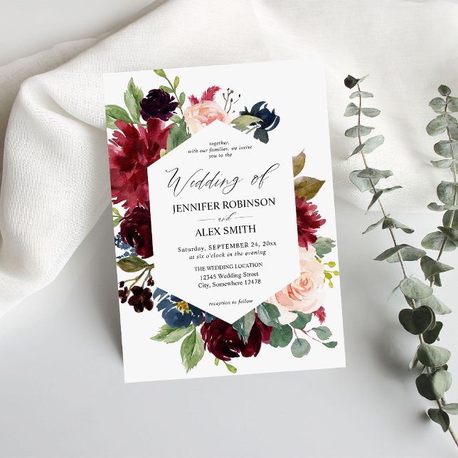 Hochzeit von Burgund und Marine, Blush Pink, Flora Einladung (Von Creator hochgeladen)