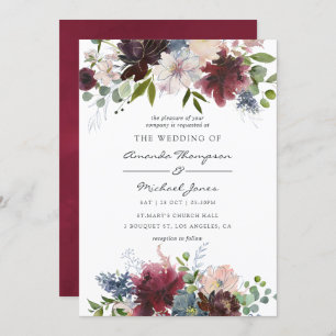 Hochzeit von Burgund und Navy-Floral-Aquarellen Einladung