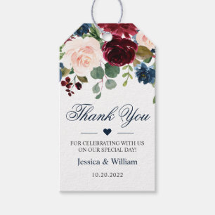 Hochzeit von Burgundy Navy Blush Floral Watercolor Geschenkanhänger