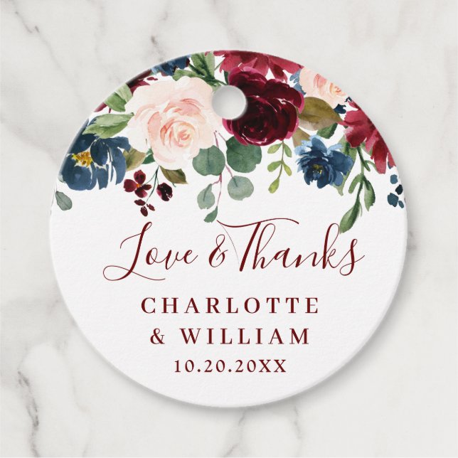 Hochzeit von Burgundy Navy Blush Floral Watercolor Geschenkanhänger (Vorderseite)