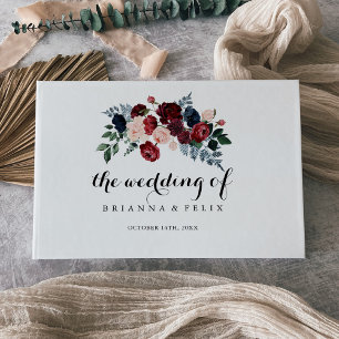 Hochzeit von Burgundy Pink Navy und Blumenkalligra Gästebuch