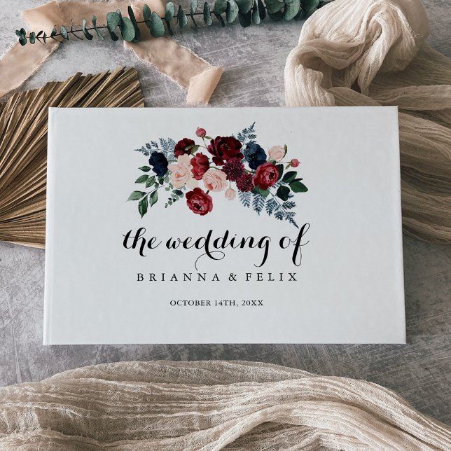 Hochzeit von Burgundy Pink Navy und Blumenkalligra Gästebuch (Von Creator hochgeladen)