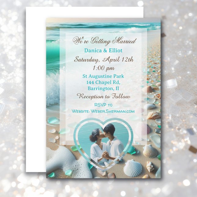 Hochzeit von Couple's Foto Sea Glass Coastal Einladung (Von Creator hochgeladen)