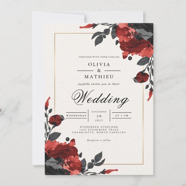 Hochzeit von Deep Red Floral Accent Wedding Einladung (Vorderseite)