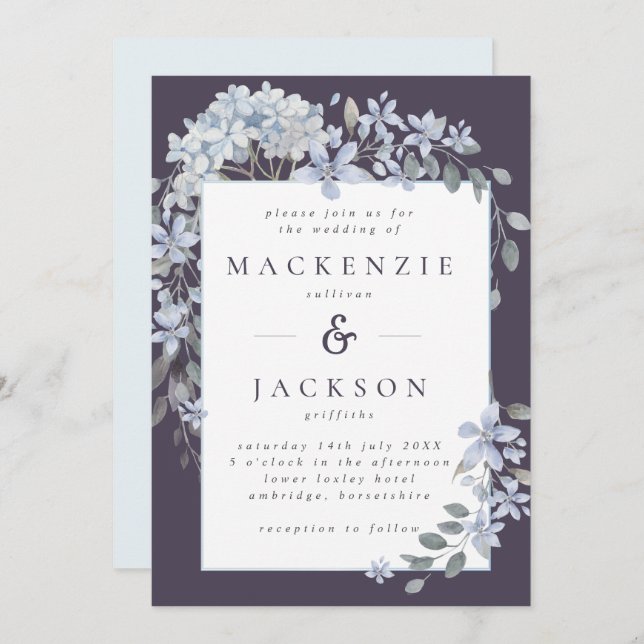 Hochzeit von dunkelblauen Blütenrahmen Einladung (Vorne/Hinten)