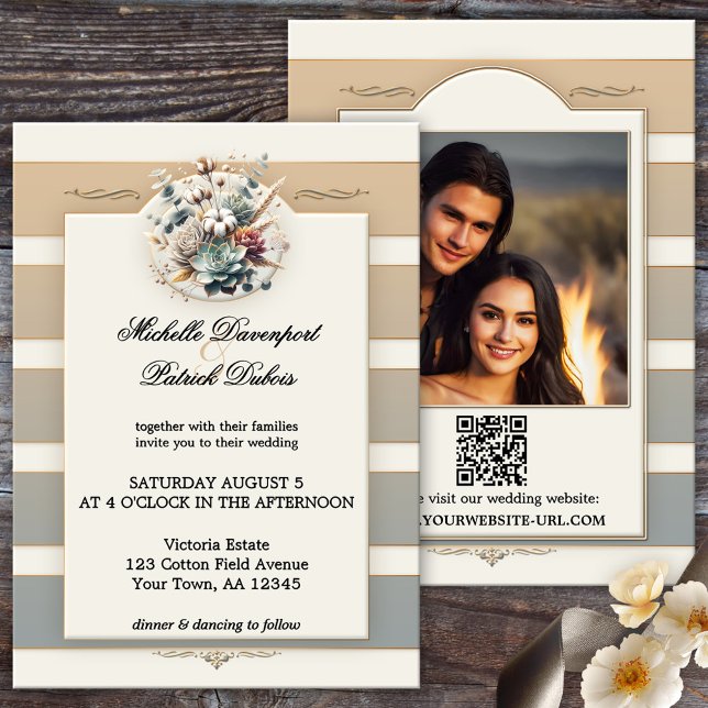 Hochzeit von Earth Tone Striped Floral Foto Einladung (Modern photo wedding invitation featuring an elegant striped design in pastel earth tones + QR code)