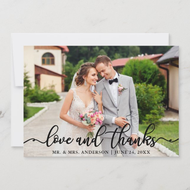 Hochzeit von eleganter Script-Liebe und Dank-Foto Dankeskarte (Vorderseite)