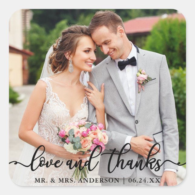 Hochzeit von eleganter Script-Liebe und Dank-Foto Quadratischer Aufkleber (Vorderseite)