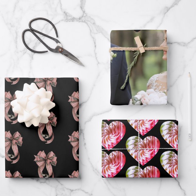 Hochzeit von Foto Bows and Hearts Valentine Weddin Geschenkpapier Set (Vorderseite)