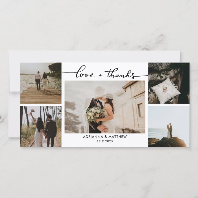 Hochzeit von fünf Fotos Liebe und Dankeschön-Scrip Dankeskarte (Vorderseite)