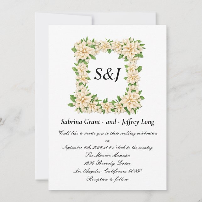 Hochzeit von Gardenia Floral Monogram Einladung (Vorderseite)