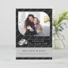 Hochzeit von Gay und Lesbisch Black Pinstripe Foto Einladung