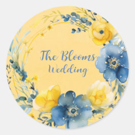 Hochzeit von Gelb und Blauer Peony Wreath Runder Aufkleber