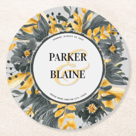 Hochzeit von Gelb- und Graublütenblumen in Monogra Runder Pappuntersetzer