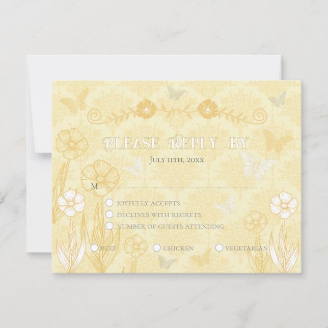 Hochzeit von gelben weißen Blüten und Schmetterlin RSVP Karte (Vorderseite)
