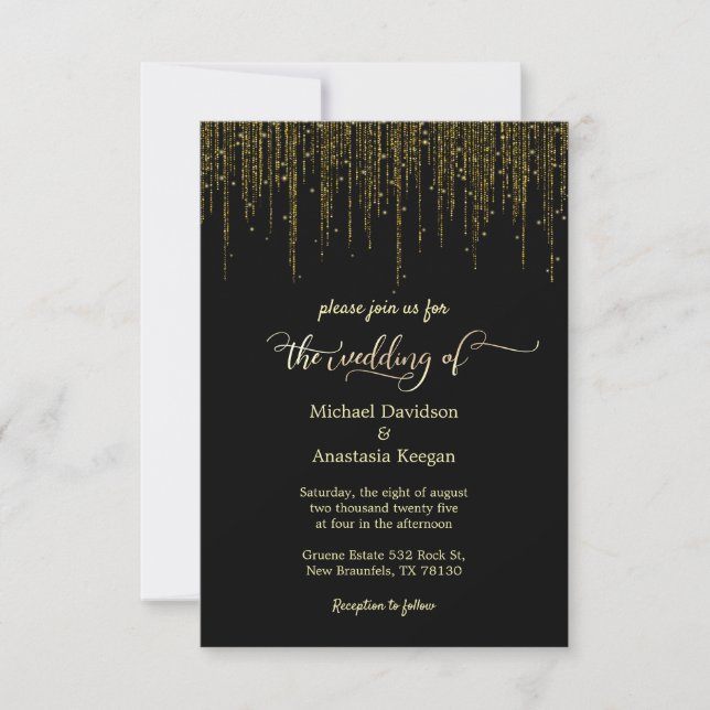 Hochzeit von Glitzer mit schwarzem Goldschrift Einladung (Vorderseite)