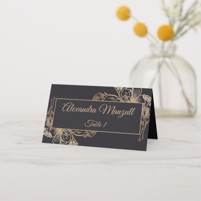 Hochzeit von Gold Black Imitats Metal Floral Desig Platzkarte (Vorderseite)