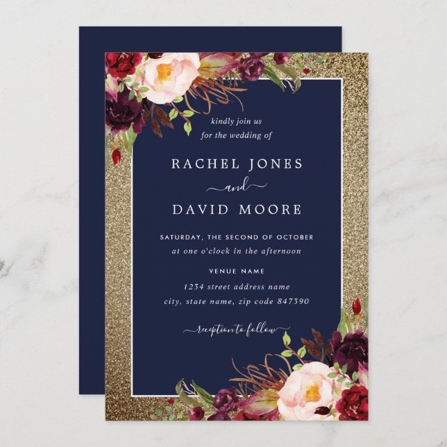 Hochzeit von Gold Burgundy Navy mit Floral Waterco Einladung (Vorne/Hinten)