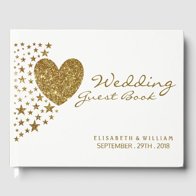 Hochzeit von Gold Glitzer Heart and Stars Gästebuch (Vorderseite)