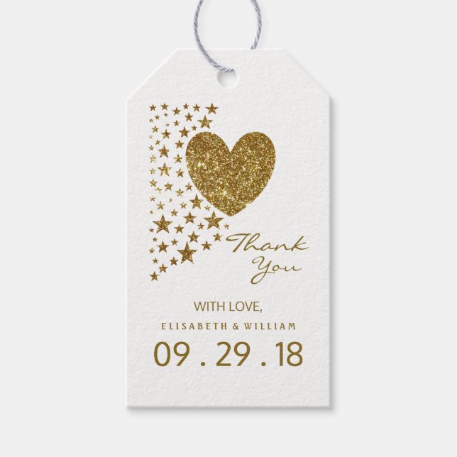Hochzeit von Gold Glitzer Heart and Stars Geschenkanhänger (Vorderseite)