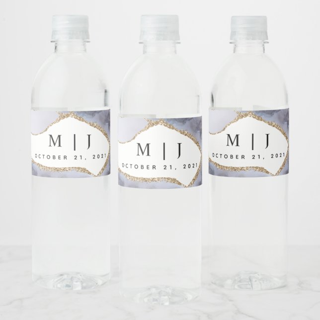 Hochzeit von Gold Glitzer & Navy Blue Agate Wasserflaschenetikett (Flaschen)