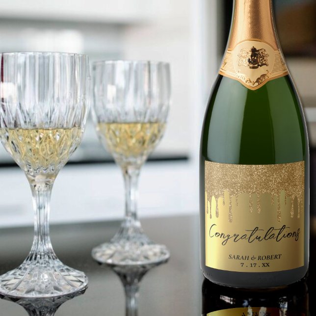 Hochzeit von Gold Glitzer Tropfen (Gold Glitter Drip Wedding Sparkling Wine Label)