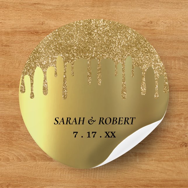 Hochzeit von Gold Glitzer Tropfen Runder Aufkleber (Gold Glitter Drip Wedding Classic Round Sticker
)